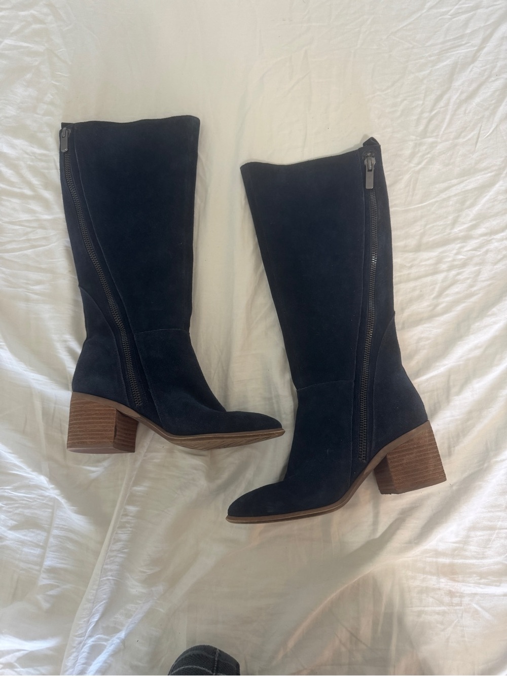 Women's Navy Suede Mid-Calf Zip Boots